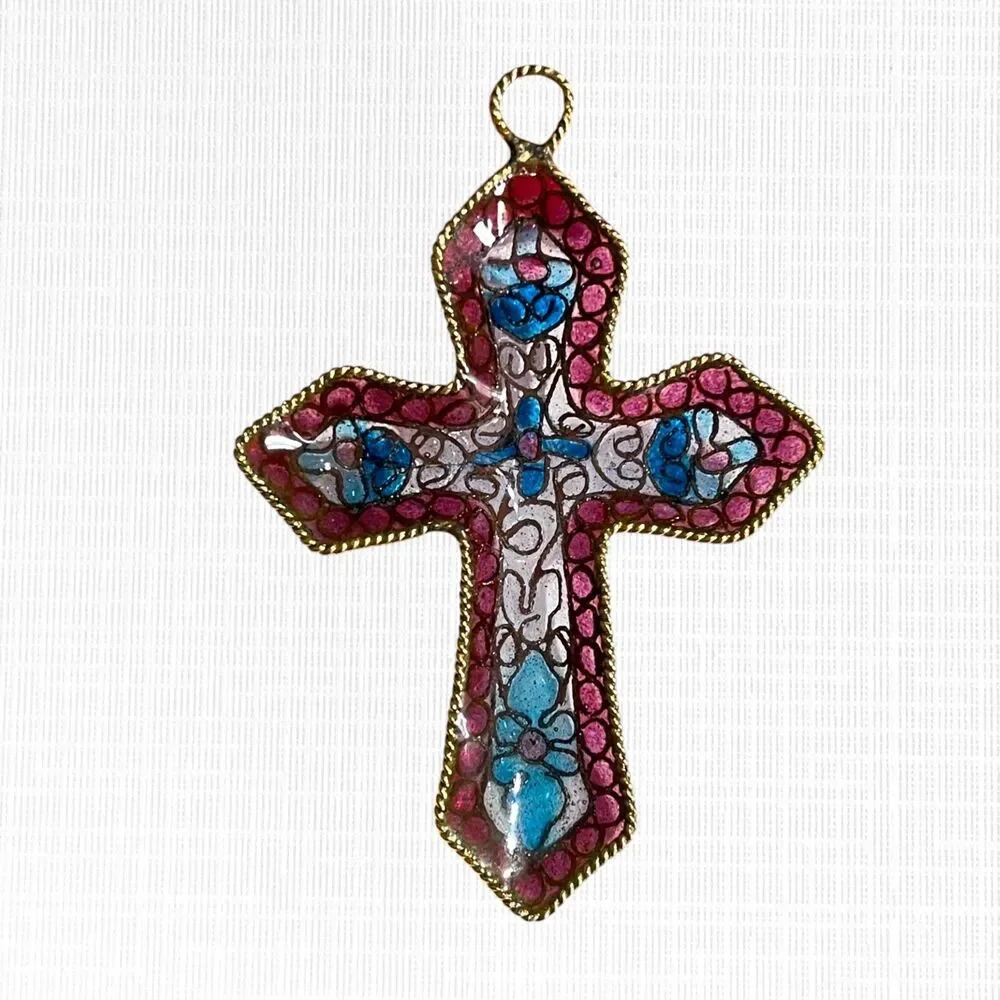Cloisonne Cross Ornament Filigree Translucent Stained Glass Effect Enamel Floral